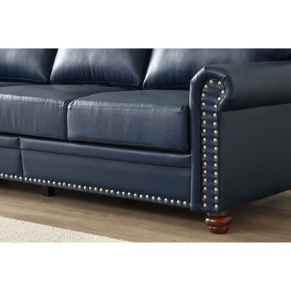 Classic Living Room Round Arm with Silver Nails Sofa Navy Blue Faux Leather