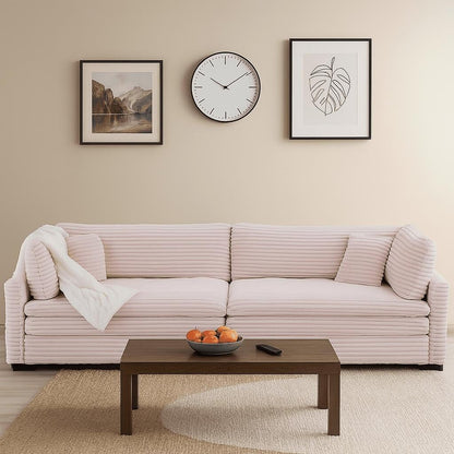 Classic Stylish Corduroy Fabric Upholstered Three-Seater Sofa with Two Throw Pillows