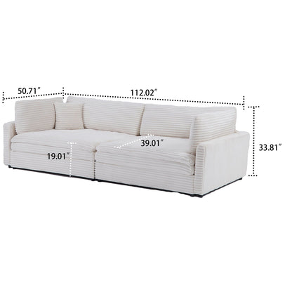 Classic Stylish Corduroy Fabric Upholstered Three-Seater Sofa with Two Throw Pillows