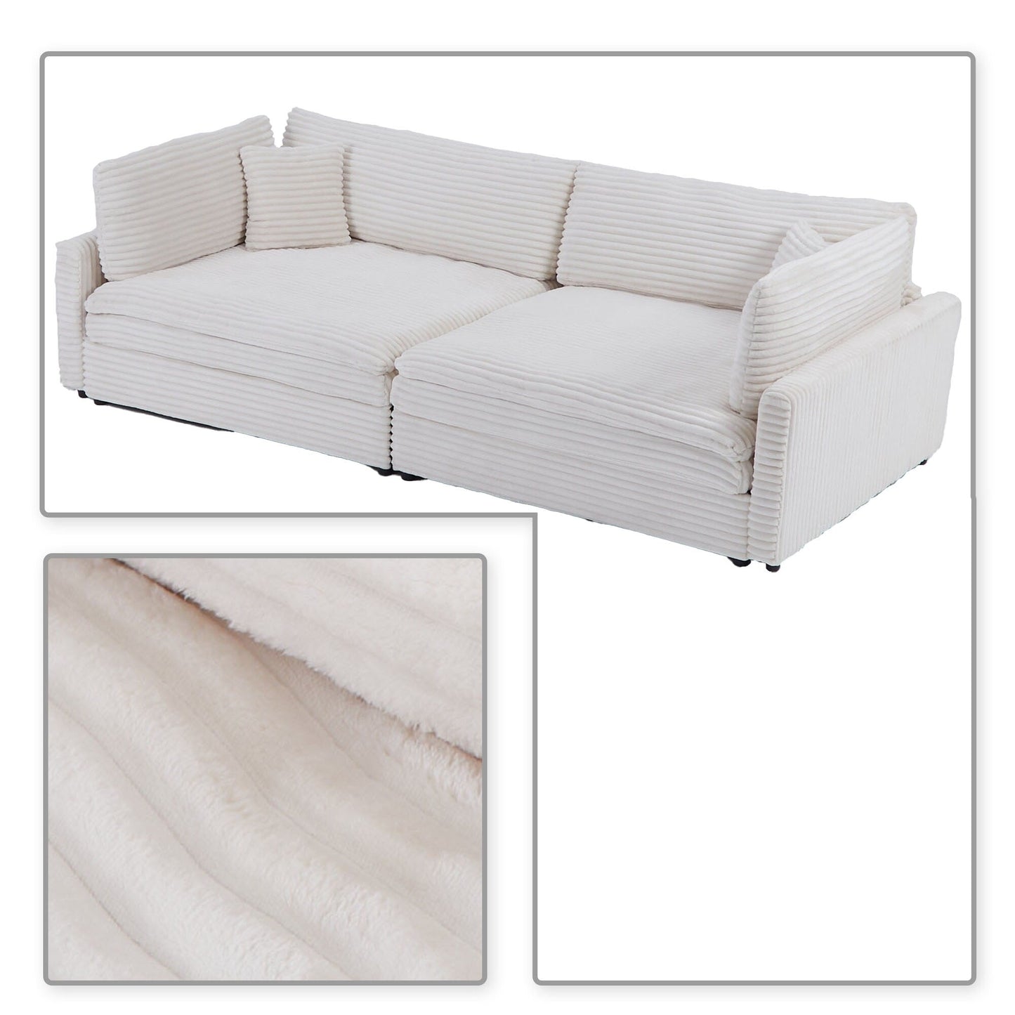 Classic Stylish Corduroy Fabric Upholstered Three-Seater Sofa with Two Throw Pillows
