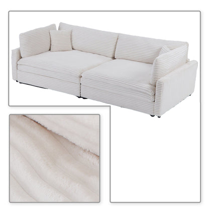 Classic Stylish Corduroy Fabric Upholstered Three-Seater Sofa with Two Throw Pillows