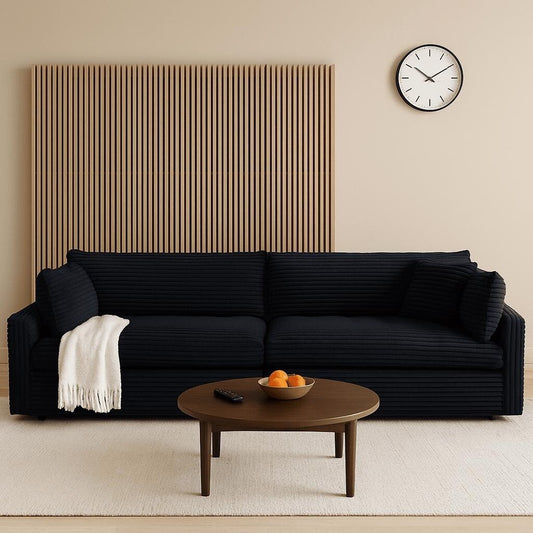 Classic Stylish Corduroy Fabric Upholstered Three-Seater Sofa with Two Throw Pillows