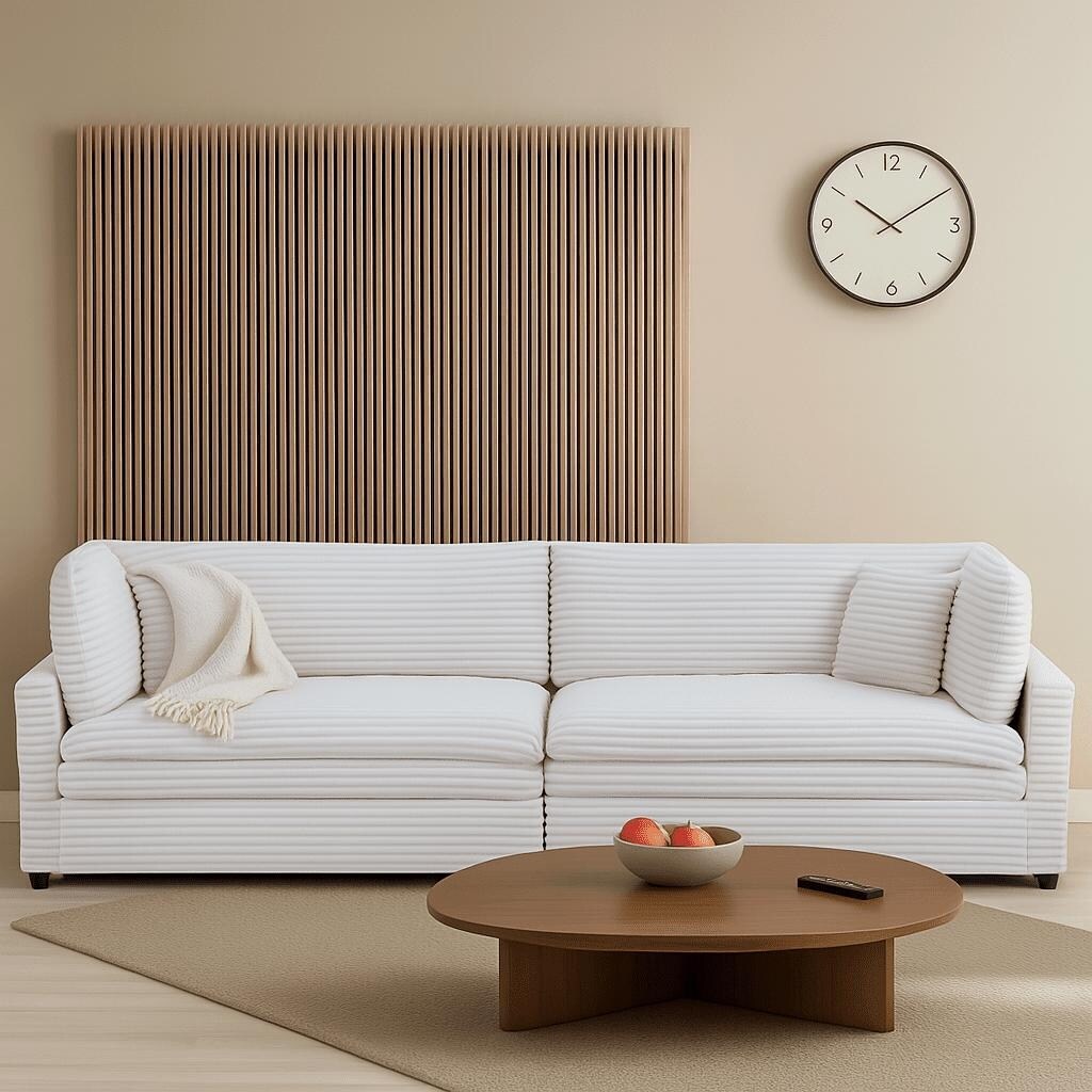 Classic Stylish Corduroy Fabric Upholstered Three-Seater Sofa with Two Throw Pillows