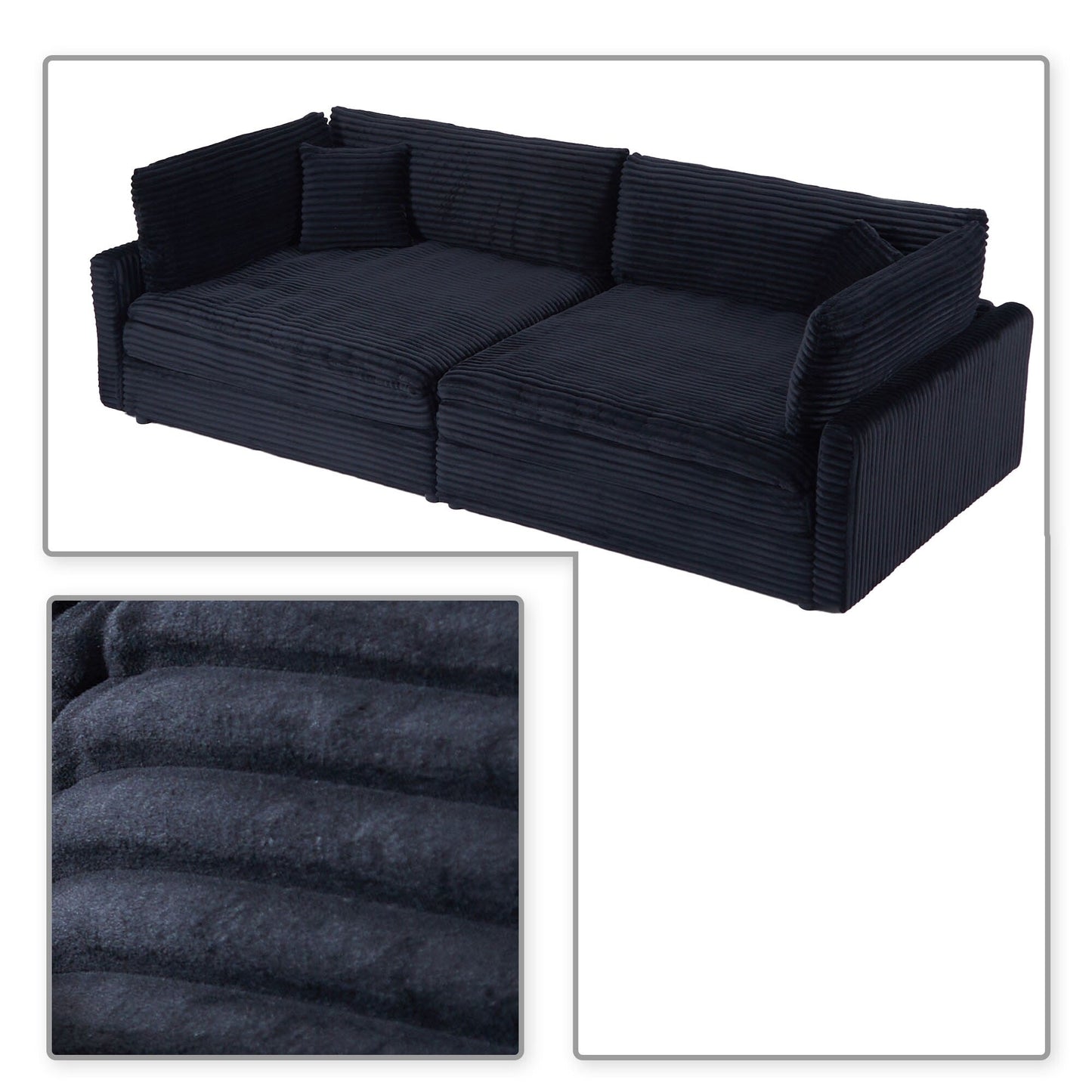 Classic Stylish Corduroy Fabric Upholstered Three-Seater Sofa with Two Throw Pillows