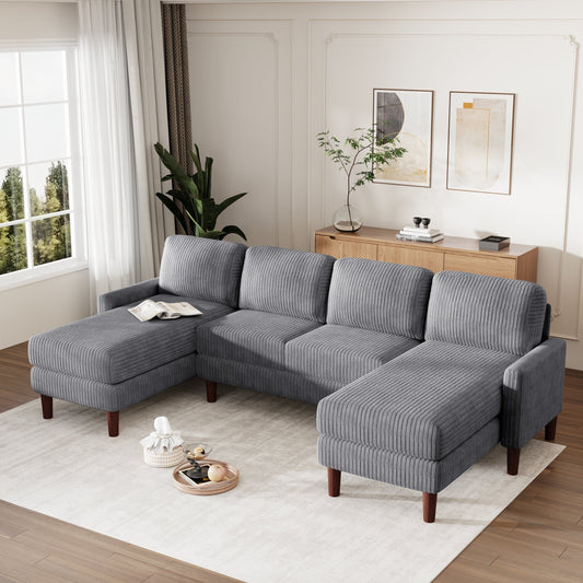 Classic U-Shaped 4-Seat Sectional Sofa with Removable Cushions and Solid Wood Legs for Living Room Study