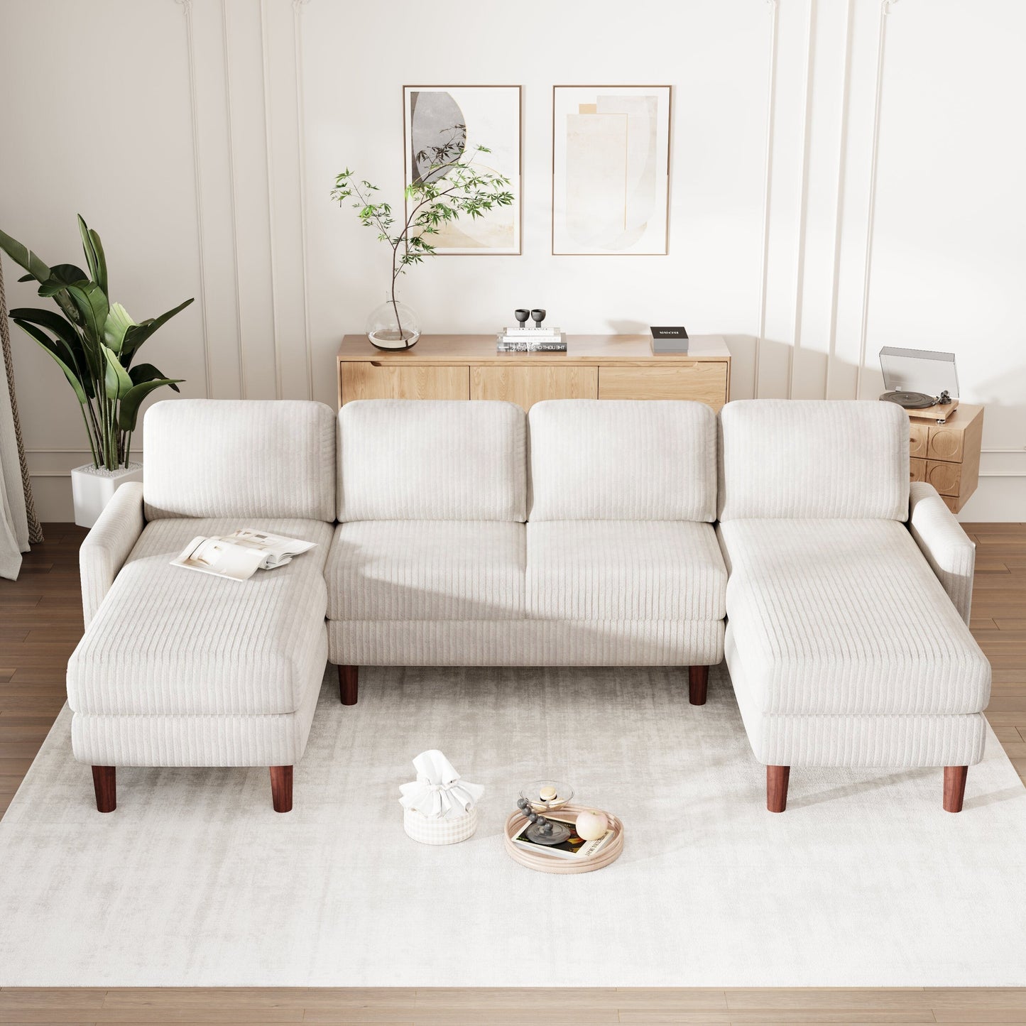 Classic U-Shaped 4-Seat Sectional Sofa with Removable Cushions and Solid Wood Legs for Living Room Study