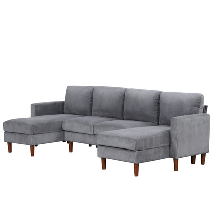 Classic U-Shaped 4-Seat Sectional Sofa with Removable Cushions and Solid Wood Legs for Living Room Study