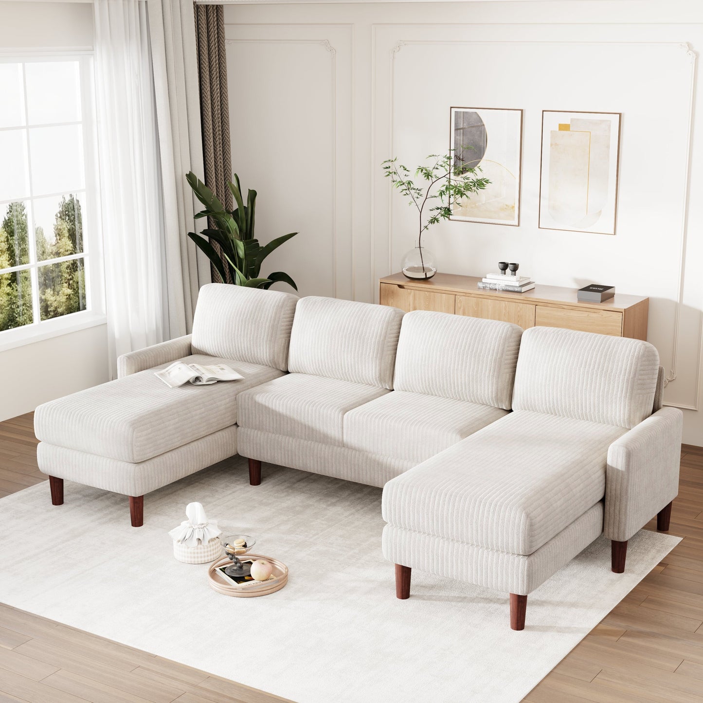 Classic U-Shaped 4-Seat Sectional Sofa with Removable Cushions and Solid Wood Legs for Living Room Study
