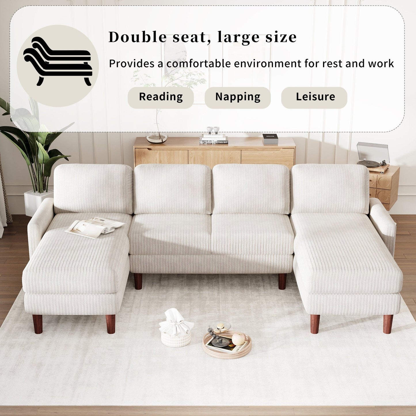 Classic U-Shaped 4-Seat Sectional Sofa with Removable Cushions and Solid Wood Legs for Living Room Study