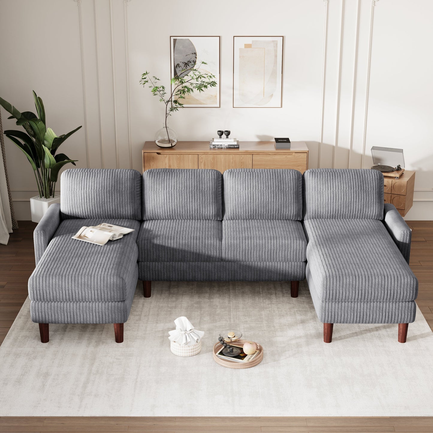 Classic U-Shaped 4-Seat Sectional Sofa with Removable Cushions and Solid Wood Legs for Living Room Study
