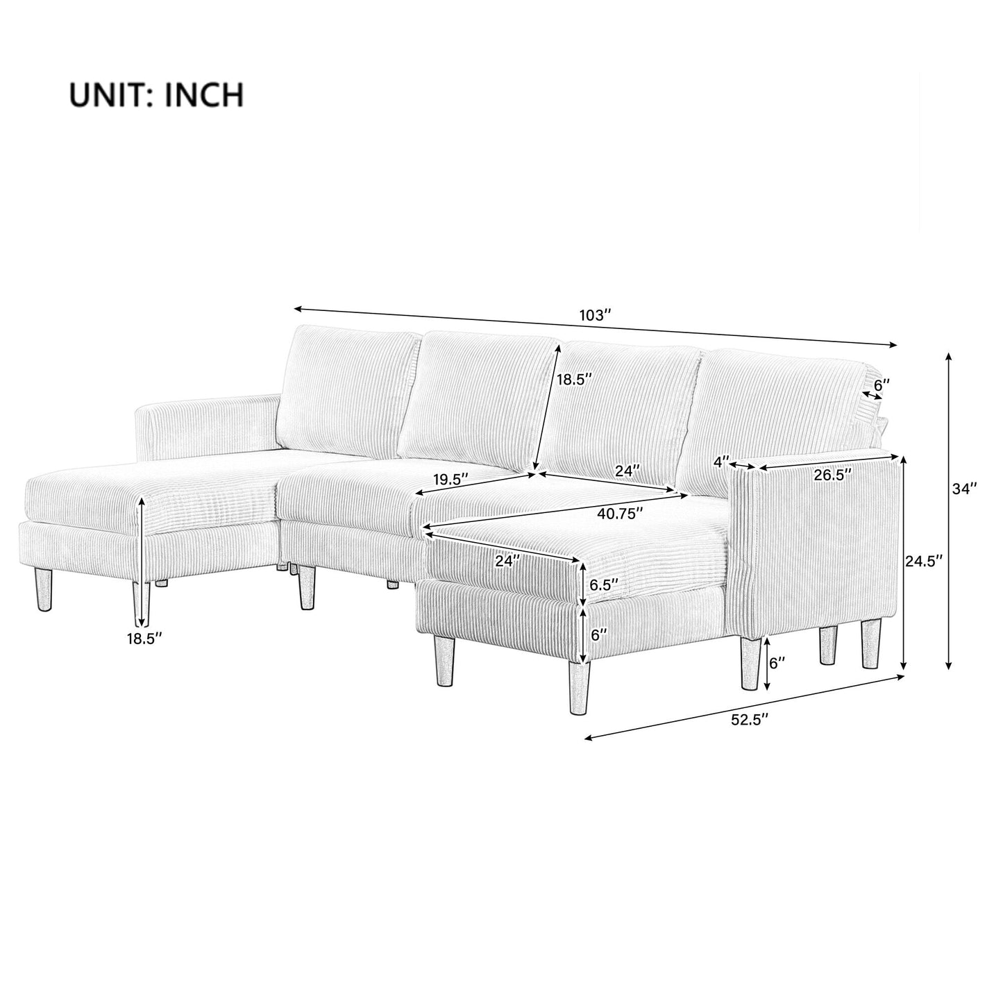Classic U-Shaped 4-Seat Sectional Sofa with Removable Cushions and Solid Wood Legs for Living Room Study