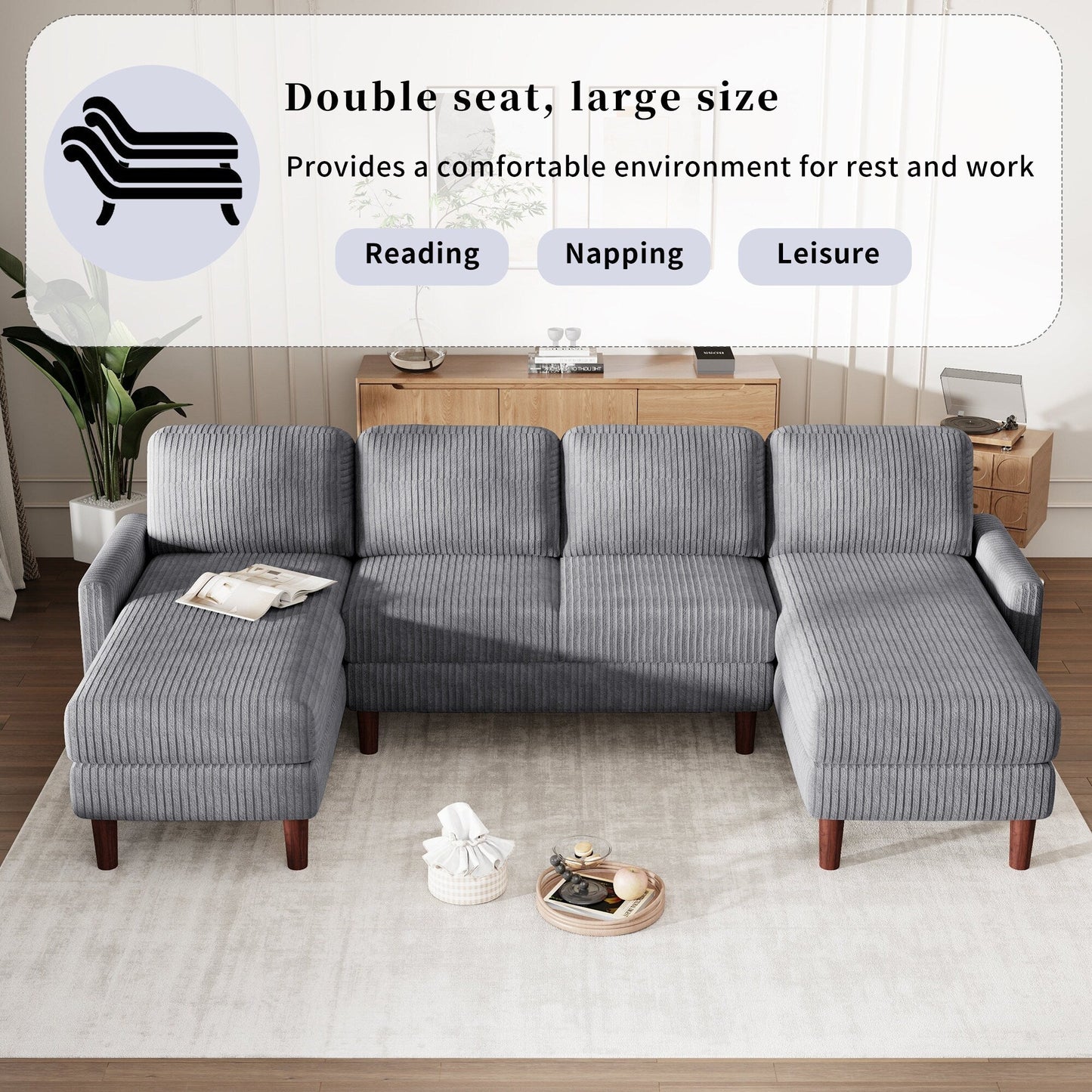 Classic U-Shaped 4-Seat Sectional Sofa with Removable Cushions and Solid Wood Legs for Living Room Study