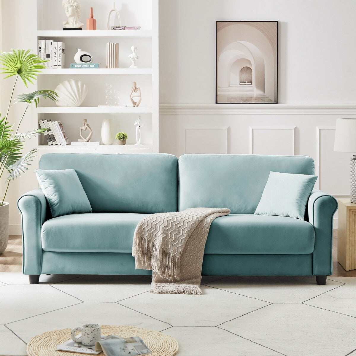 Classic Velvet Sofa Couch with Hardwood Frame, Upholstered Couch, Rounded Arms