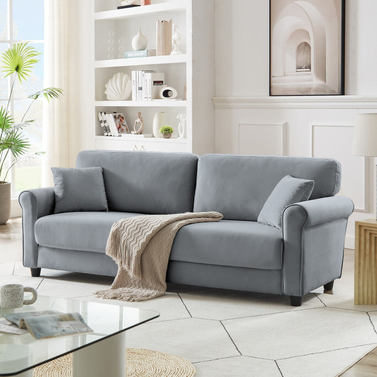 Classic Velvet Sofa Couch with Hardwood Frame, Upholstered Couch, Rounded Arms