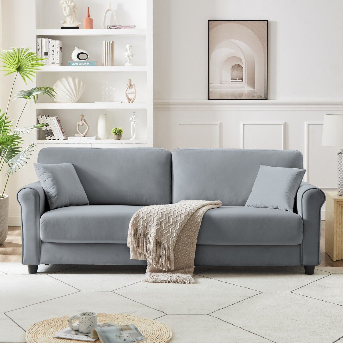 Classic Velvet Sofa Couch with Hardwood Frame, Upholstered Couch, Rounded Arms