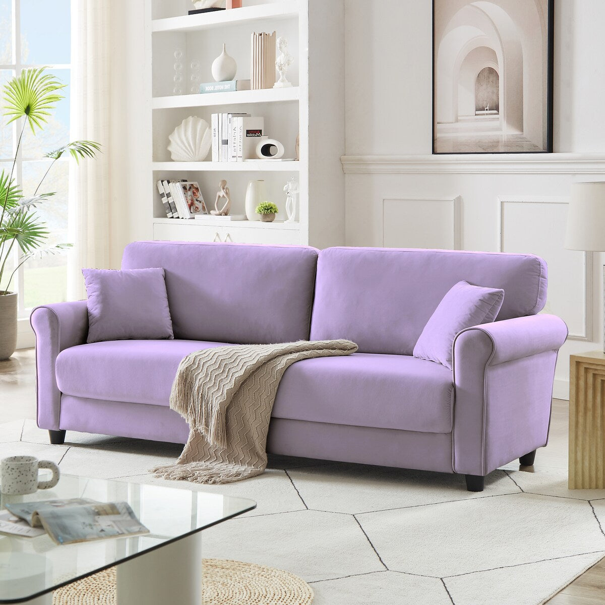 Classic Velvet Sofa Couch with Hardwood Frame, Upholstered Couch, Rounded Arms