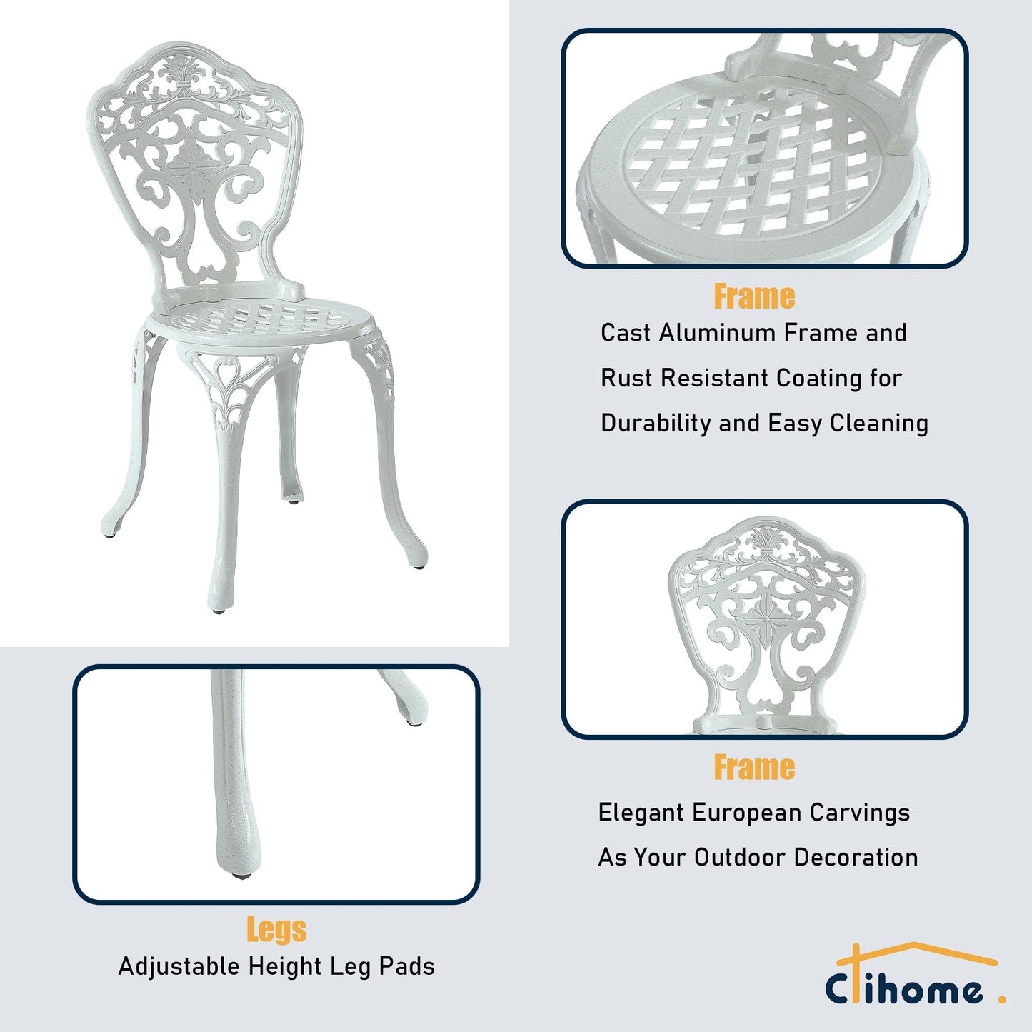 Clihome 3-Piece Cast Aluminum Outdoor Patio Rust-Resistant Bistro Set