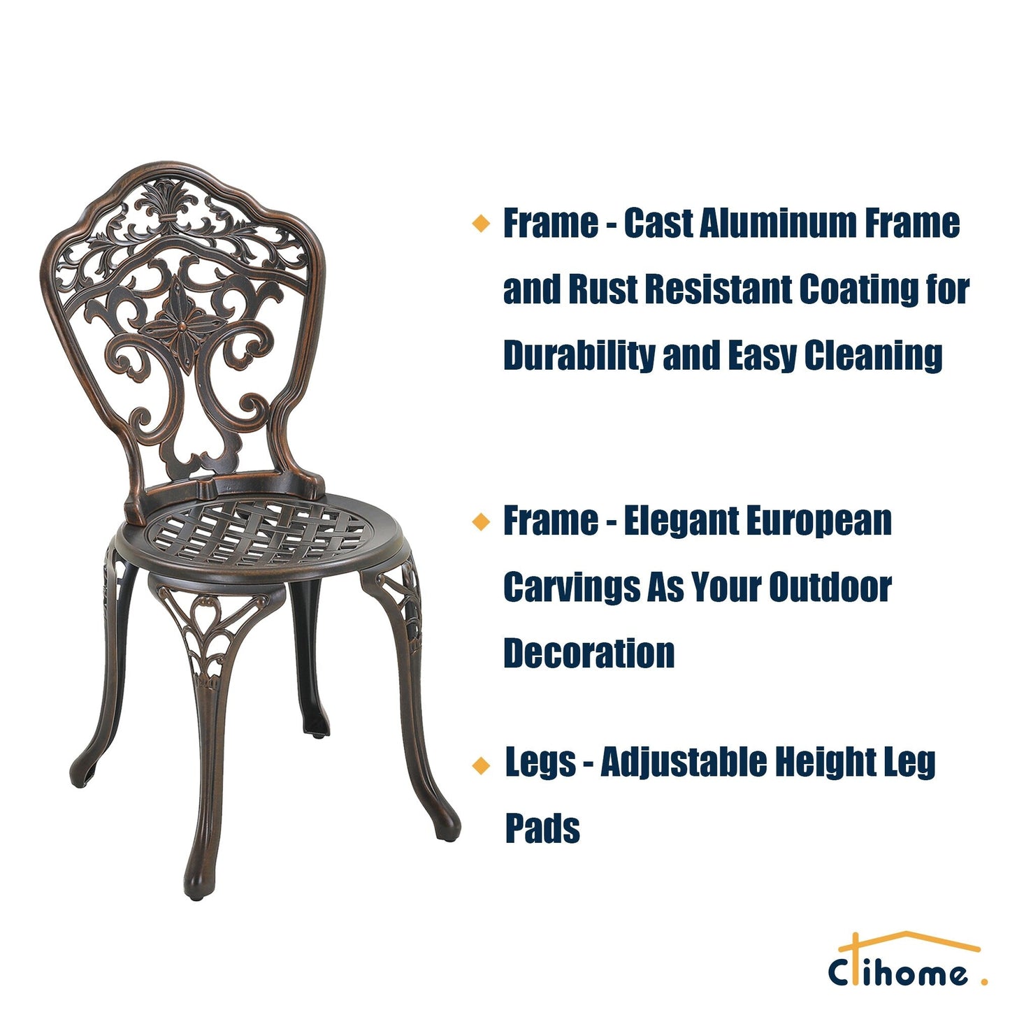 Clihome 3-Piece Cast Aluminum Outdoor Patio Rust-Resistant Bistro Set