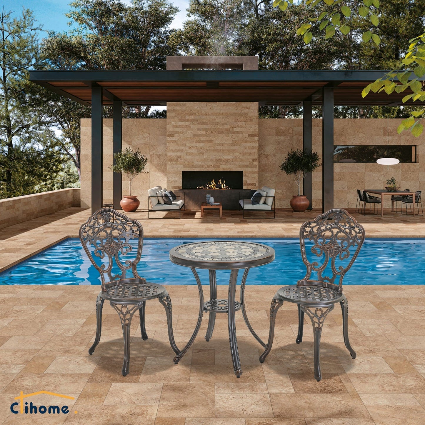 Clihome 3-Piece Cast Aluminum Outdoor Patio Rust-Resistant Bistro Set