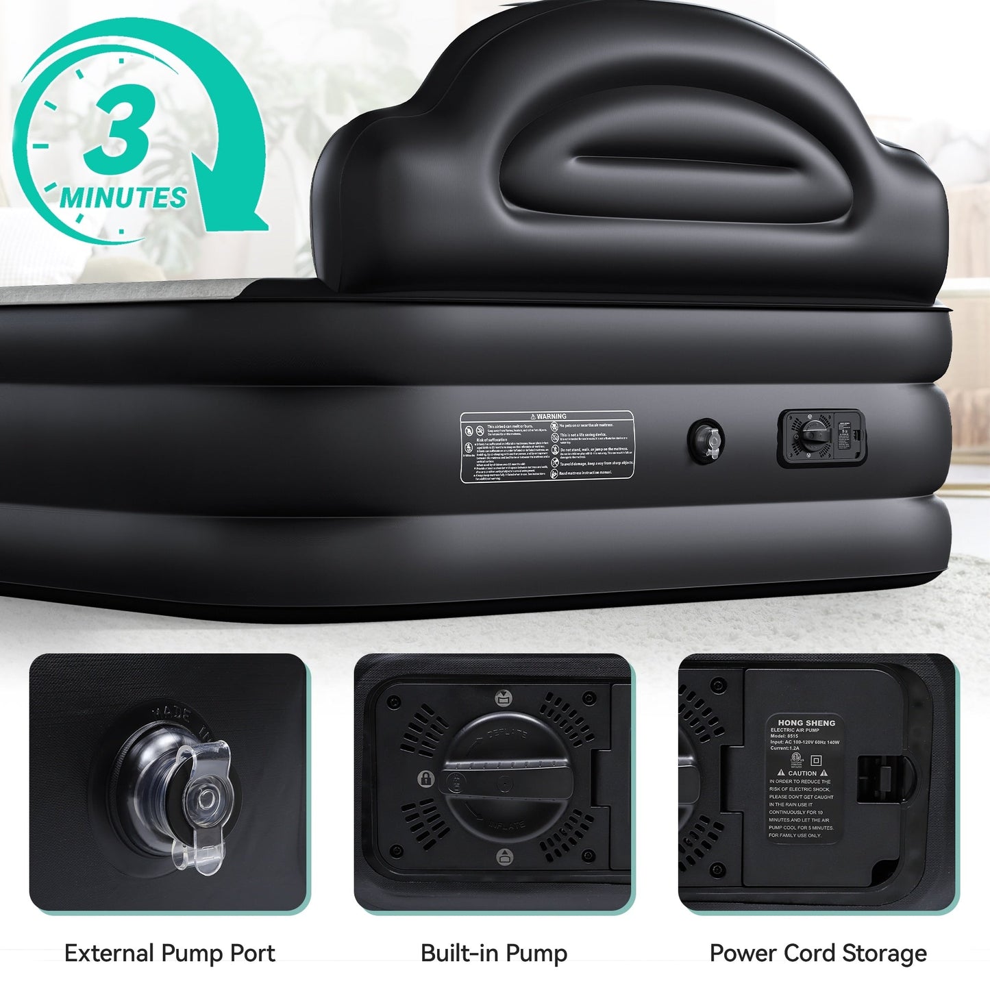 Cloud-shaped inflatable mattress with a built-in power cord, fixed pump head, and inflatable headboard