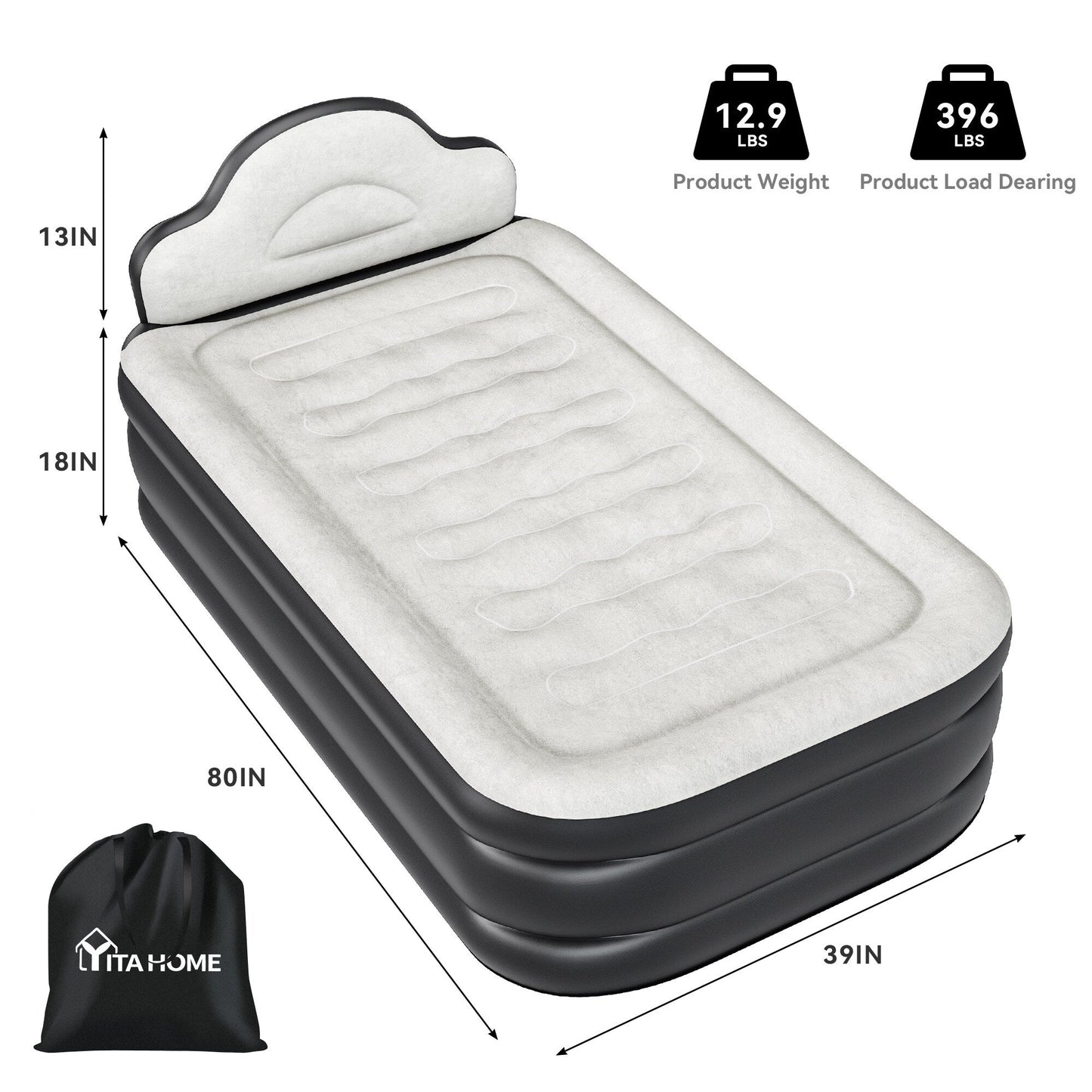Cloud-shaped inflatable mattress with a built-in power cord, fixed pump head, and inflatable headboard