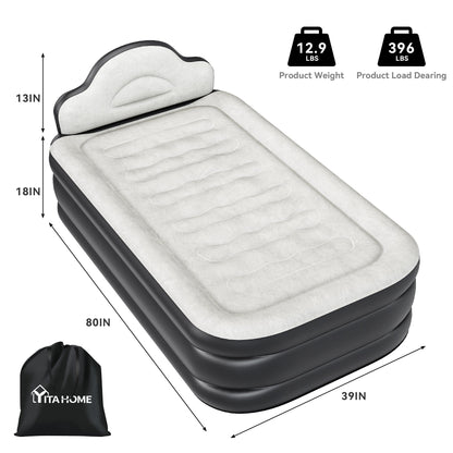 Cloud-shaped inflatable mattress with a built-in power cord, fixed pump head, and inflatable headboard