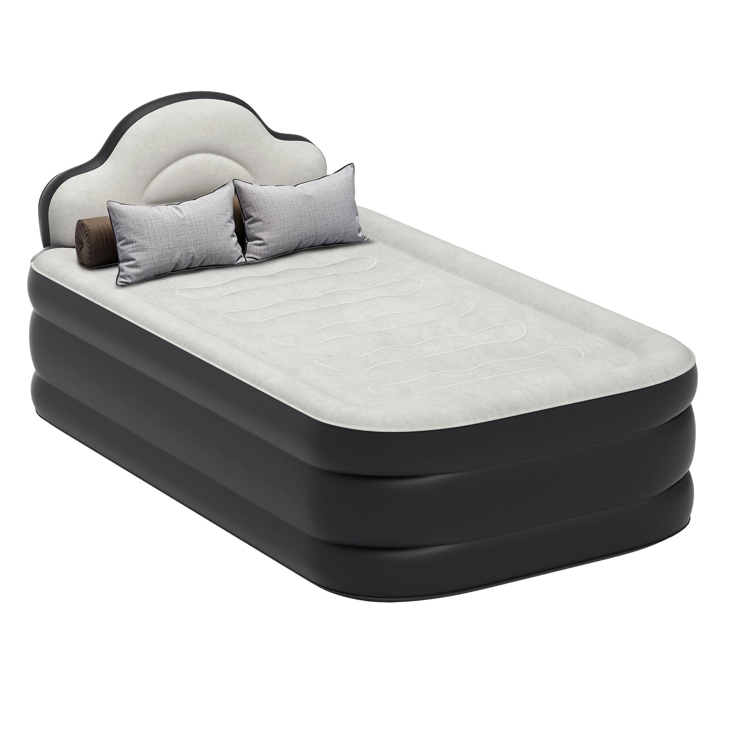 Cloud-shaped inflatable mattress with a built-in power cord, fixed pump head, and inflatable headboard