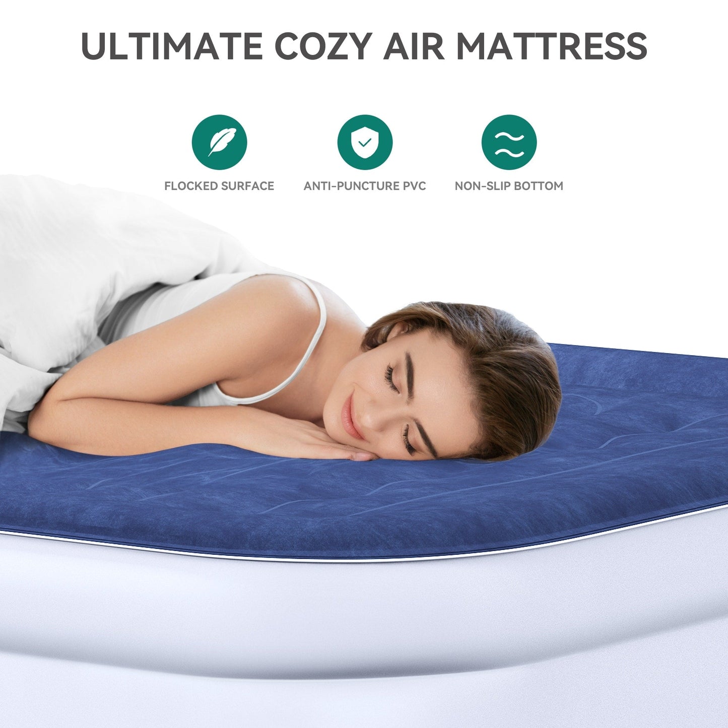 Cloud-shaped inflatable mattress with a built-in power cord, fixed pump head, and inflatable headboard