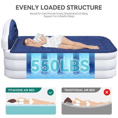 Cloud-shaped inflatable mattress with a built-in power cord, fixed pump head, and inflatable headboard