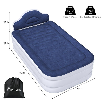 Cloud-shaped inflatable mattress with a built-in power cord, fixed pump head, and inflatable headboard