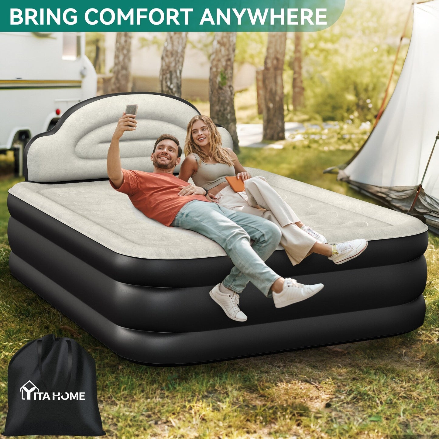 Cloud-shaped inflatable mattress with a built-in power cord, fixed pump head, and inflatable headboard
