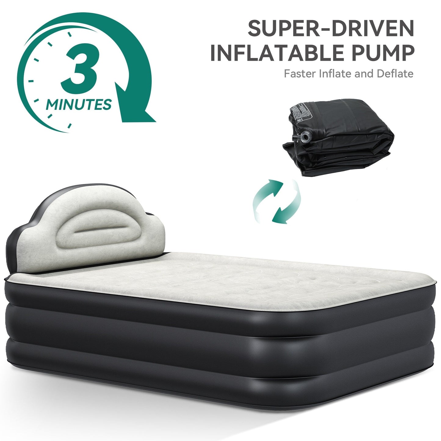 Cloud-shaped inflatable mattress with a built-in power cord, fixed pump head, and inflatable headboard