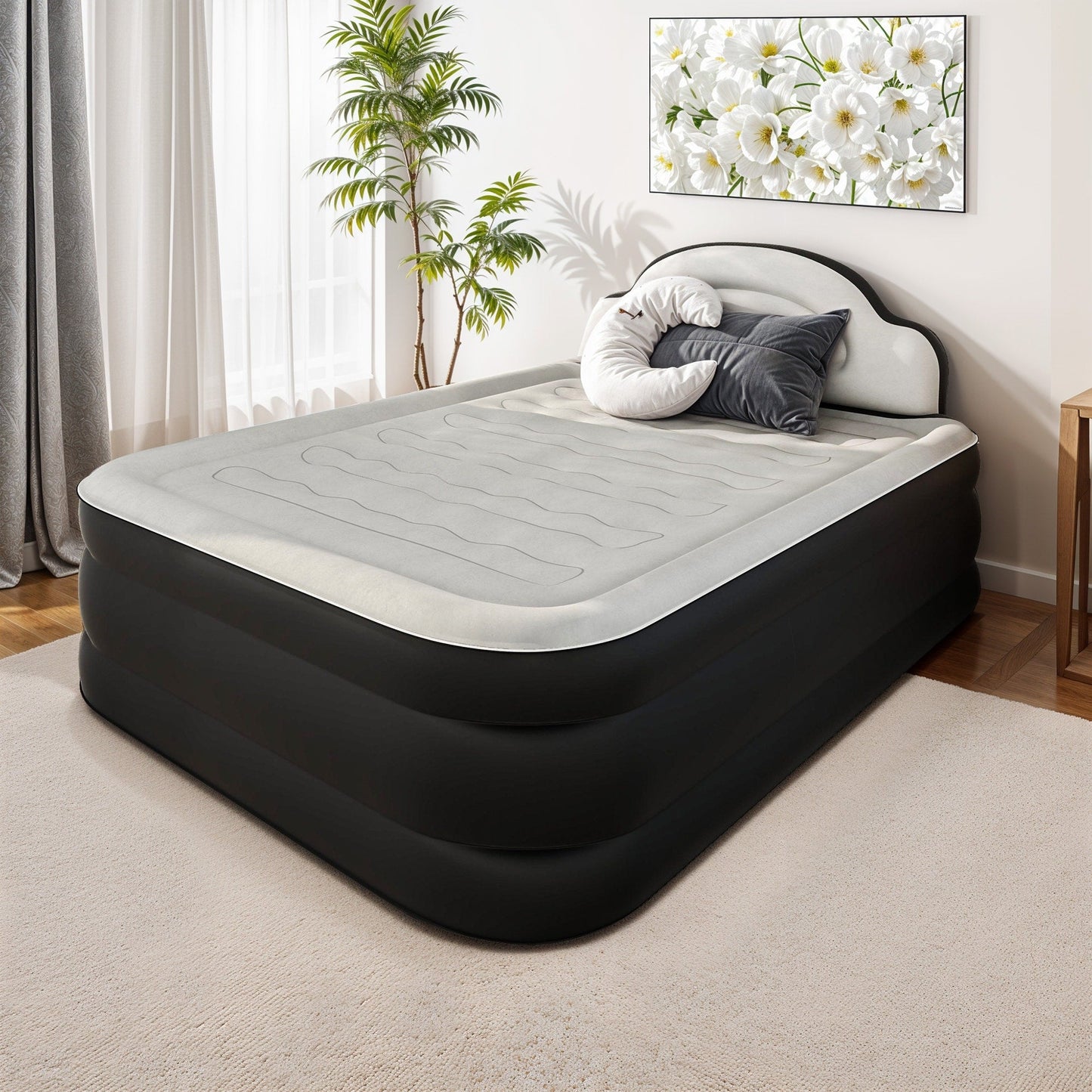 Cloud-shaped inflatable mattress with a built-in power cord, fixed pump head, and inflatable headboard