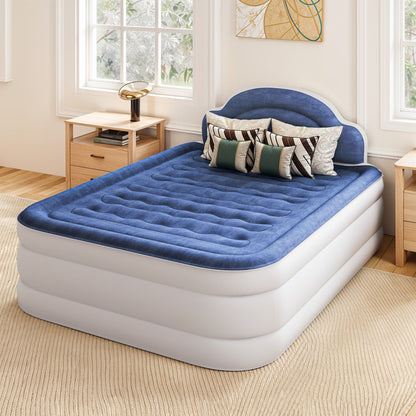 Cloud-shaped inflatable mattress with a built-in power cord, fixed pump head, and inflatable headboard