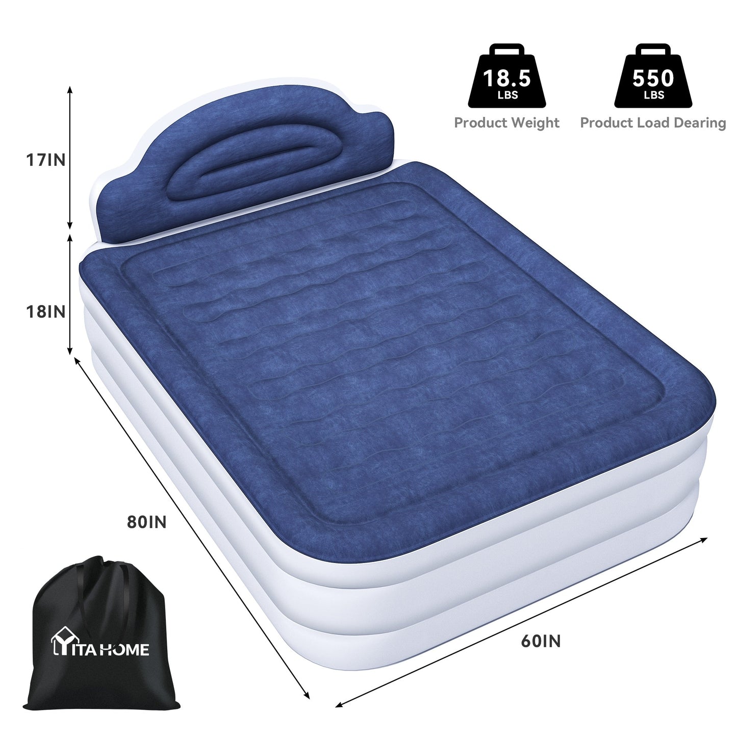 Cloud-shaped inflatable mattress with a built-in power cord, fixed pump head, and inflatable headboard