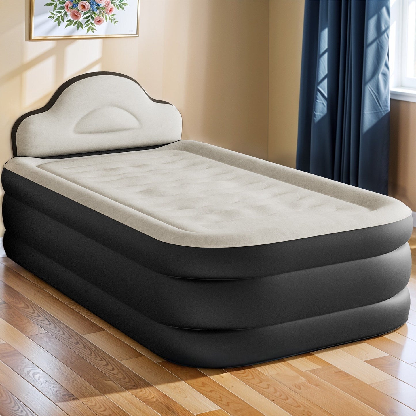 Cloud-shaped inflatable mattress with a built-in power cord, fixed pump head, and inflatable headboard