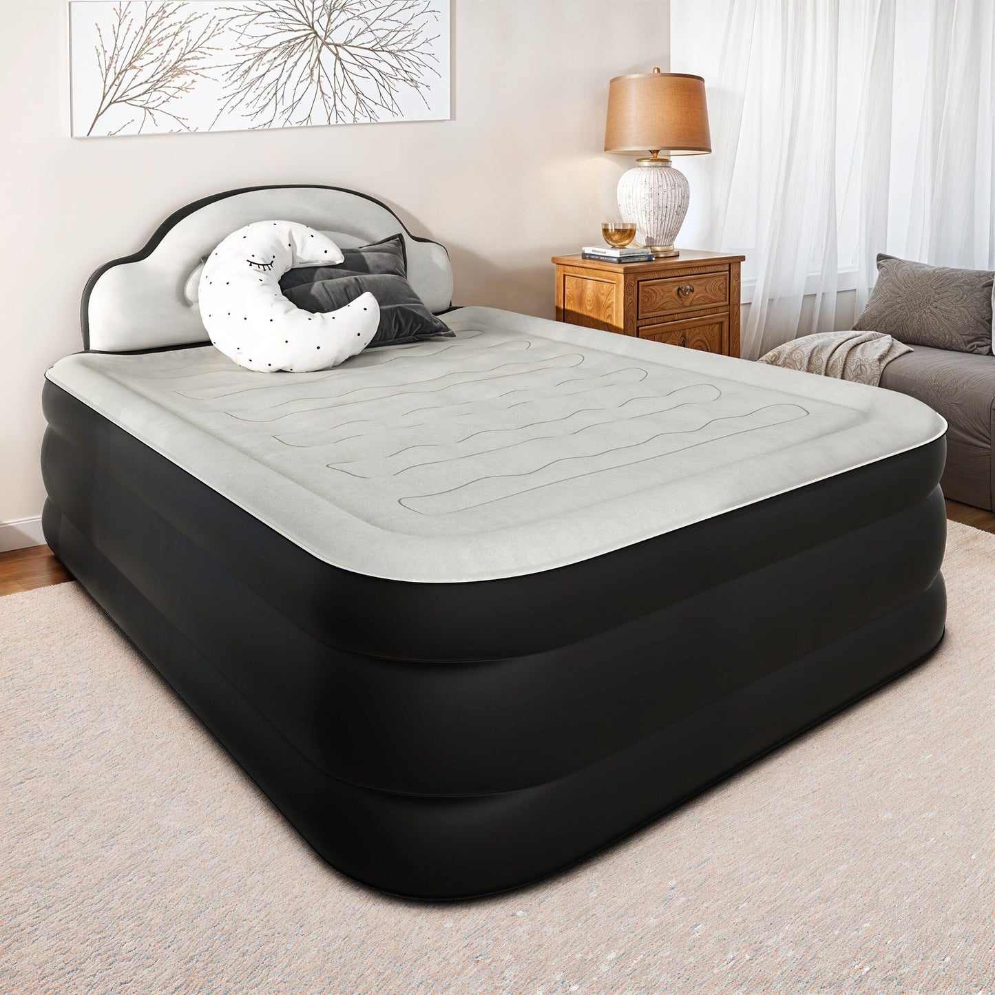 Cloud-shaped inflatable mattress with a built-in power cord, fixed pump head, and inflatable headboard