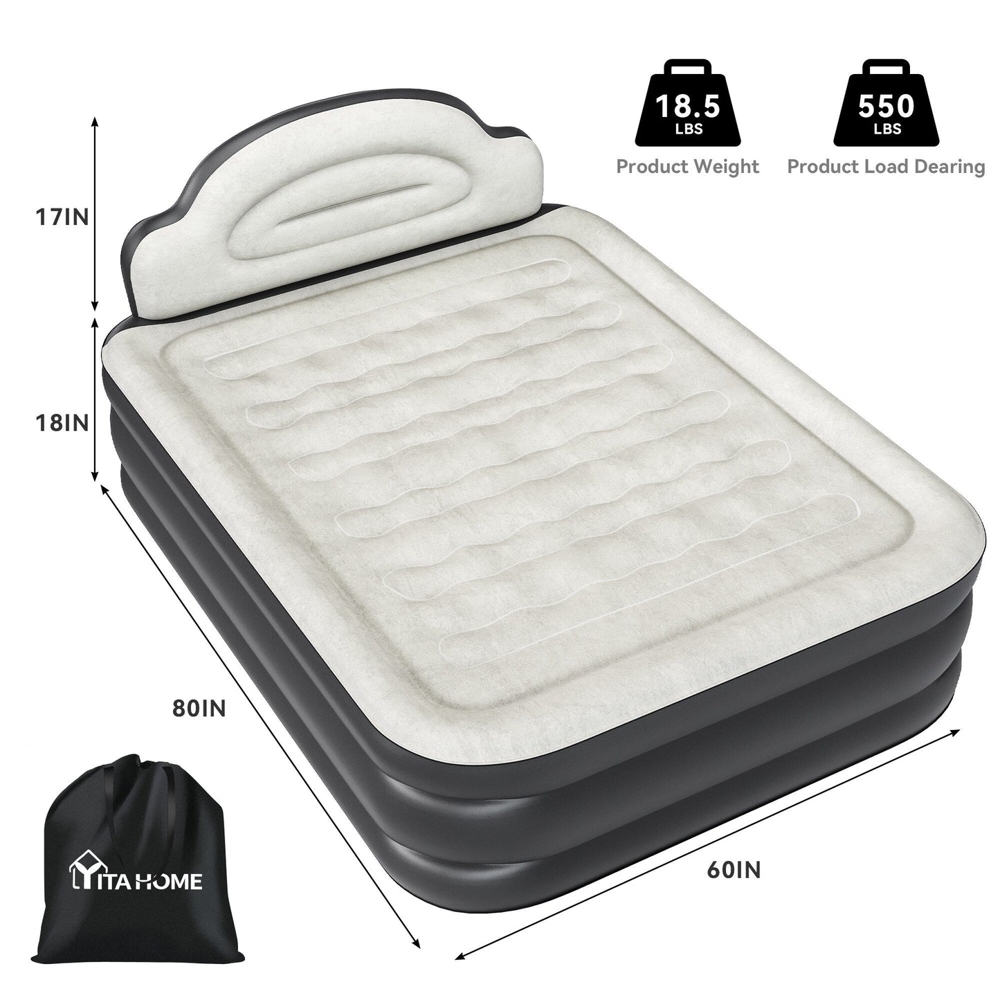 Cloud-shaped inflatable mattress with a built-in power cord, fixed pump head, and inflatable headboard