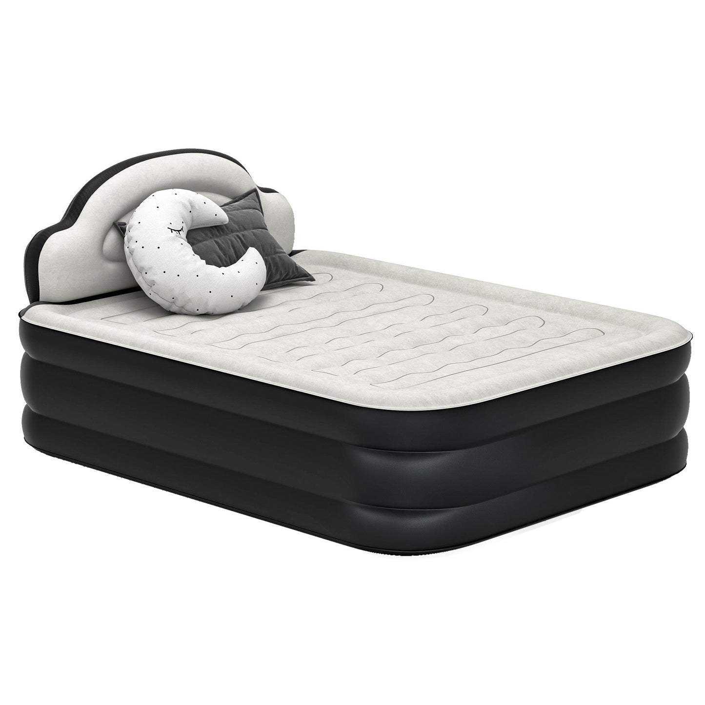 Cloud-shaped inflatable mattress with a built-in power cord, fixed pump head, and inflatable headboard