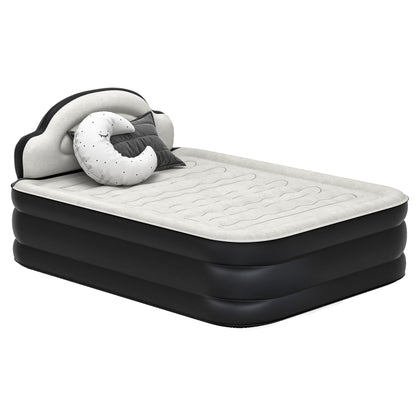 Cloud-shaped inflatable mattress with a built-in power cord, fixed pump head, and inflatable headboard