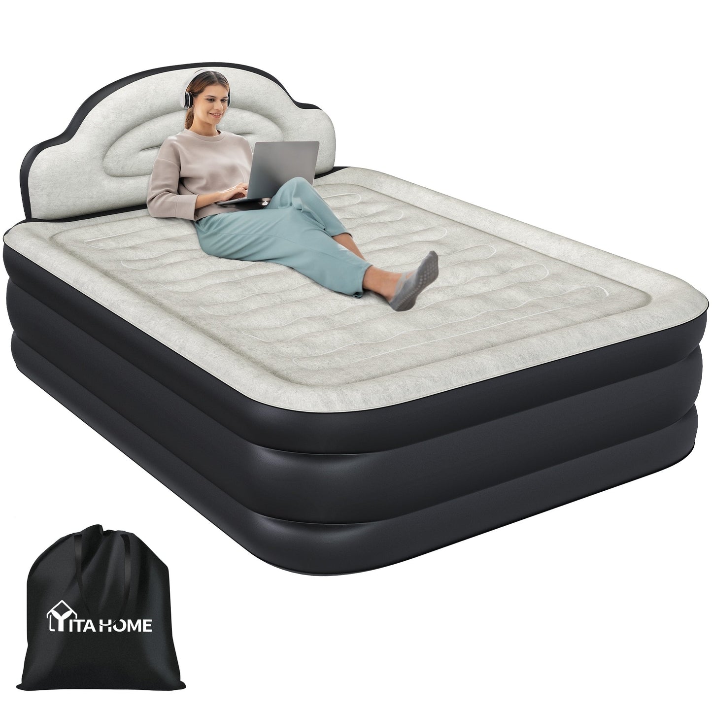 Cloud-shaped inflatable mattress with a built-in power cord, fixed pump head, and inflatable headboard