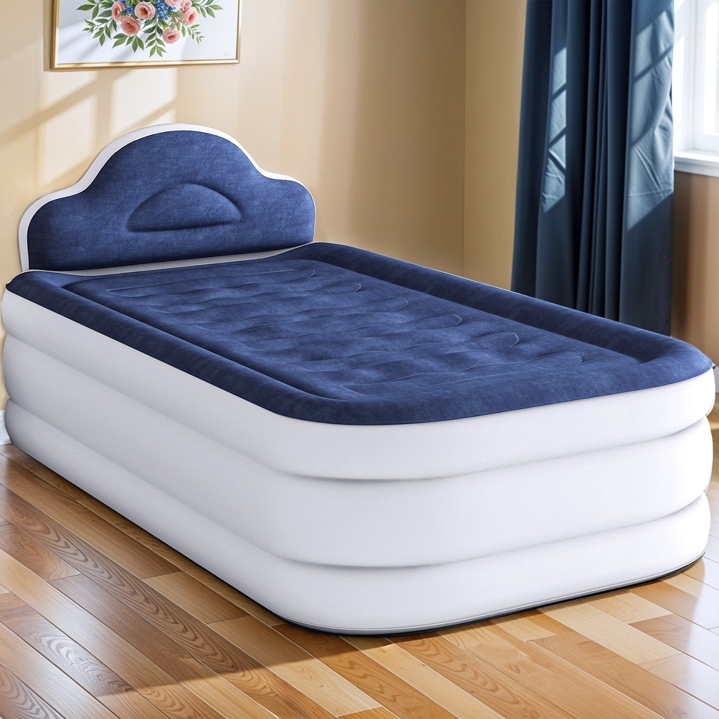 Cloud-shaped inflatable mattress with a built-in power cord, fixed pump head, and inflatable headboard