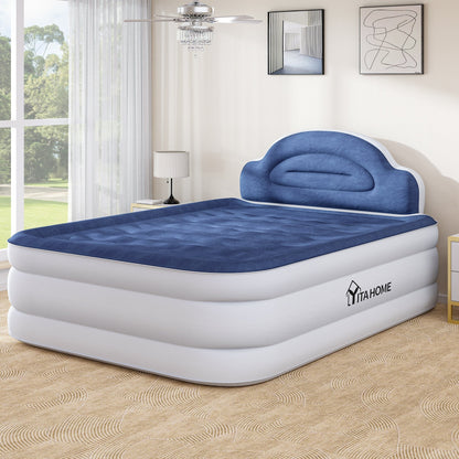 Cloud-shaped inflatable mattress with a built-in power cord, fixed pump head, and inflatable headboard