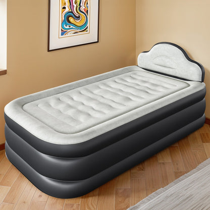 Cloud-shaped inflatable mattress with a built-in power cord, fixed pump head, and inflatable headboard