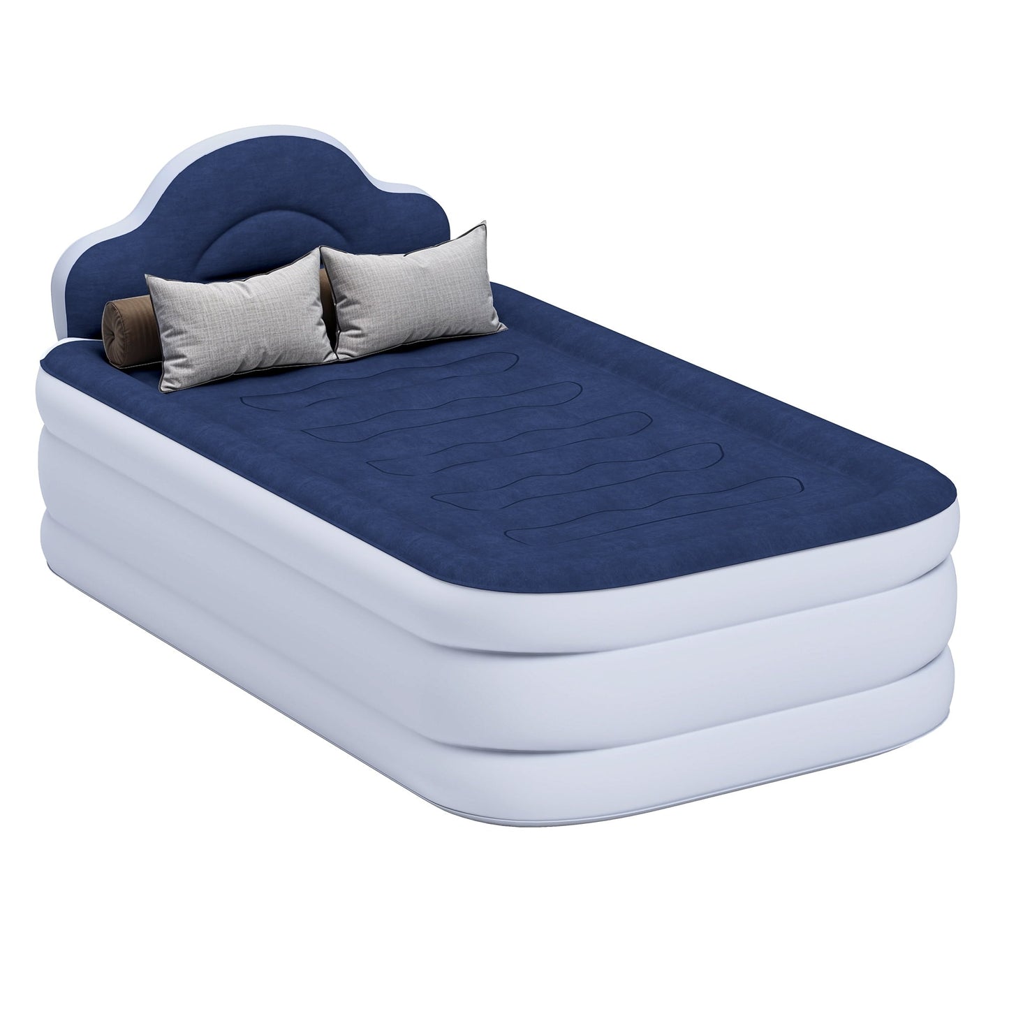 Cloud-shaped inflatable mattress with a built-in power cord, fixed pump head, and inflatable headboard