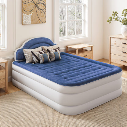 Cloud-shaped inflatable mattress with a built-in power cord, fixed pump head, and inflatable headboard