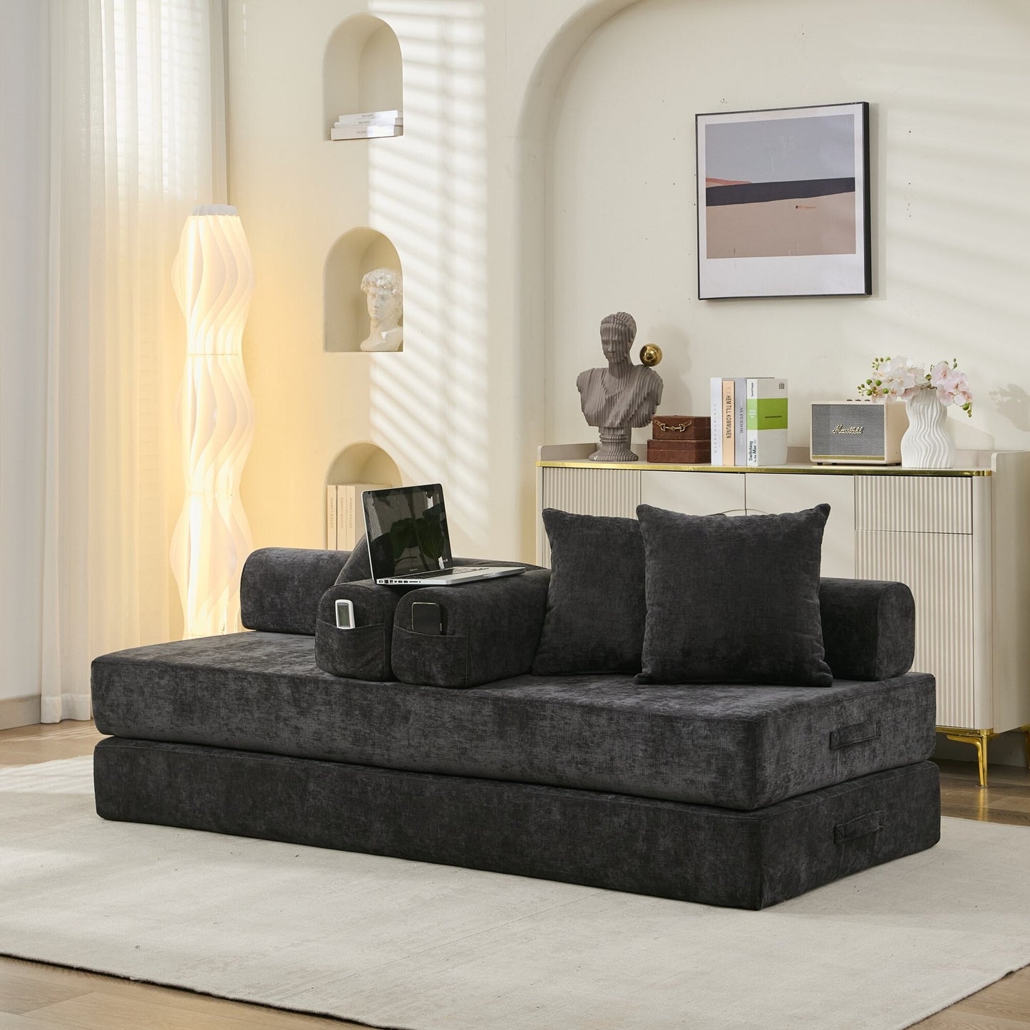 Comfy Convertible Folding Mattress Couch,Floor Sofa Bed, Chenille Floor Sofa With Armrest, Floor Sofa Lounge Couch