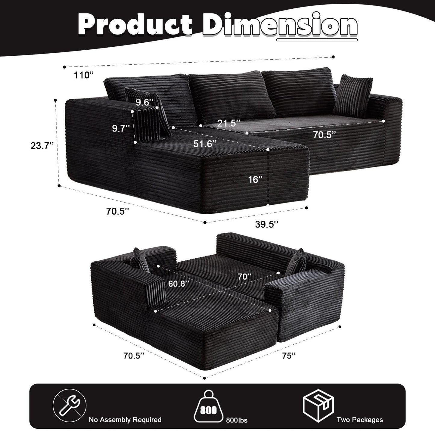 Compression Sectional Couch with Chaise L Shape Sofa Deep Seat Modular Sleeper for Living Room Bedroom Corduroy