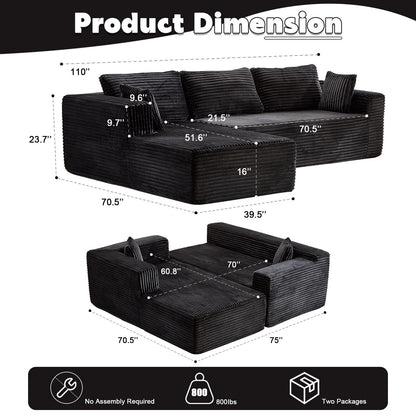 Compression Sectional Couch with Chaise L Shape Sofa Deep Seat Modular Sleeper for Living Room Bedroom Corduroy