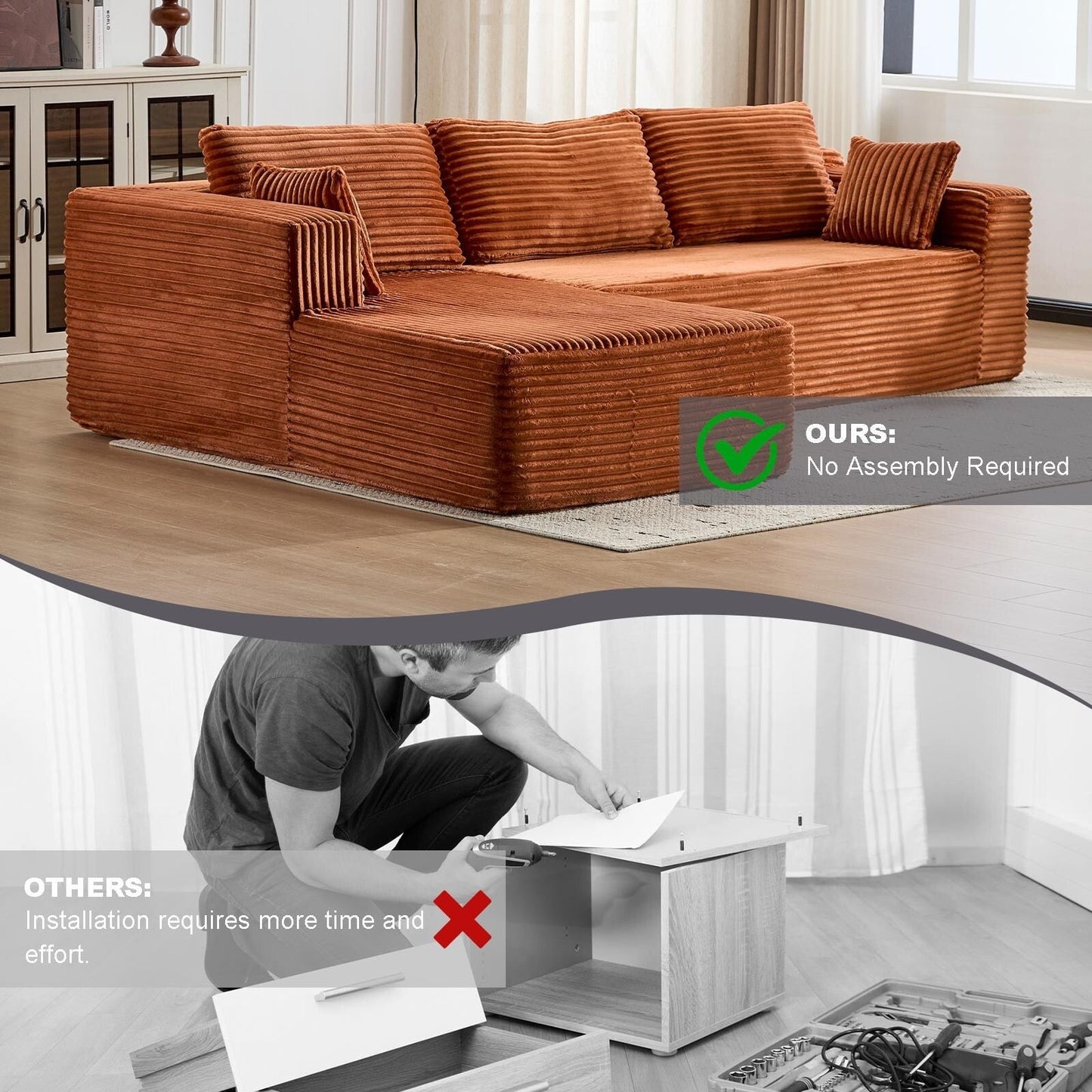 Compression Sectional Couch with Chaise L Shape Sofa Deep Seat Modular Sleeper for Living Room Bedroom Corduroy